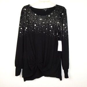 Karen Kane Twist Front Knot Top Women's Plus Size 1X Black Star Print Made USA